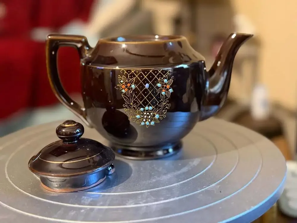 Vintage Japanese Brown Redware Teapot with Floral Moriage Enamel and Gold Trim